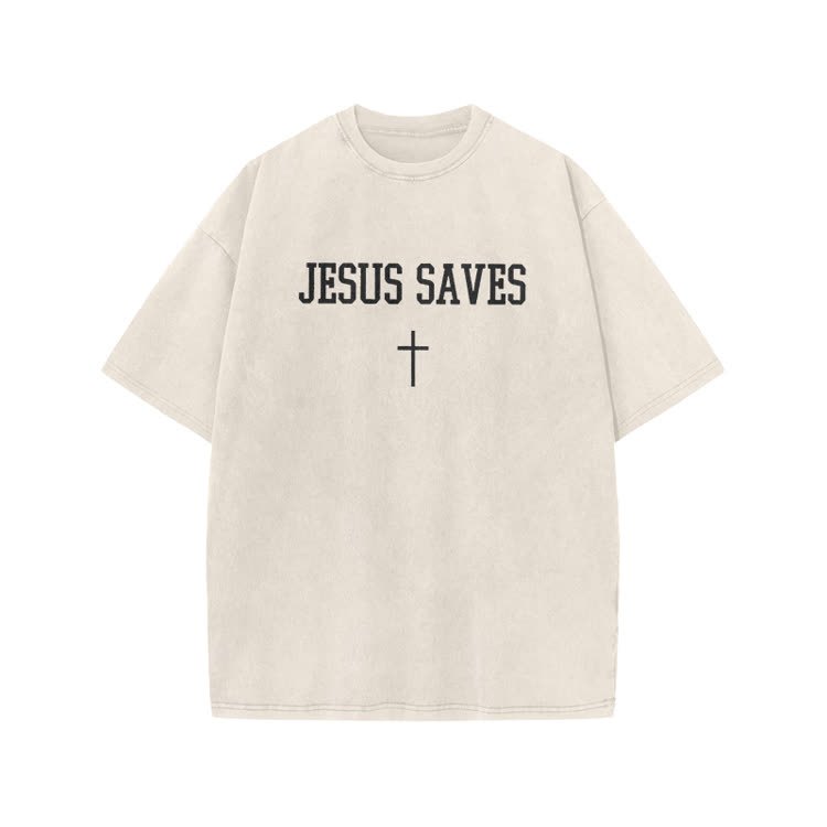Jesus Saves Cross Print Acid Washed T-shirt - Beige - US20-22(3XL) - image 2