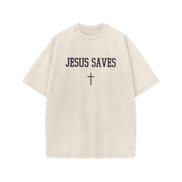 Jesus Saves Cross Print Acid Washed T-shirt - Beige - US20-22(3XL) - image 2