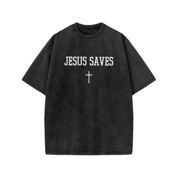 Jesus Saves Cross Print Acid Washed T-shirt - Black - US20-22(3XL) - image 1