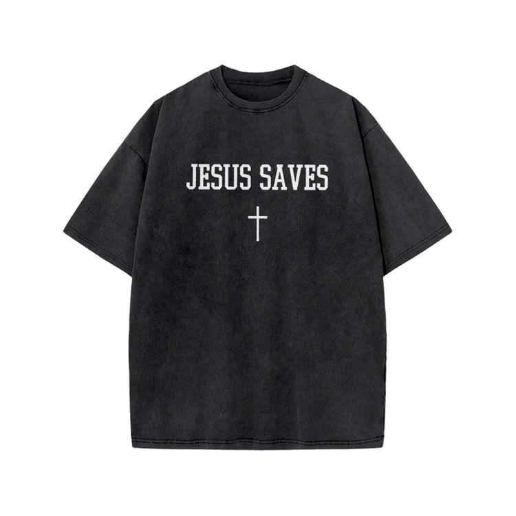 Jesus Saves Cross Print Acid Washed T-shirt - Black - US20-22(3XL) - image 1