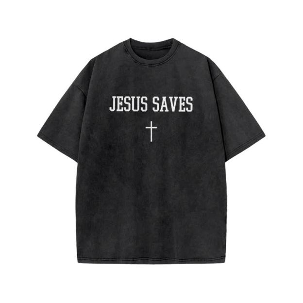 Jesus Saves Cross Print Acid Washed T-shirt - Black - US20-22(3XL) - image 1