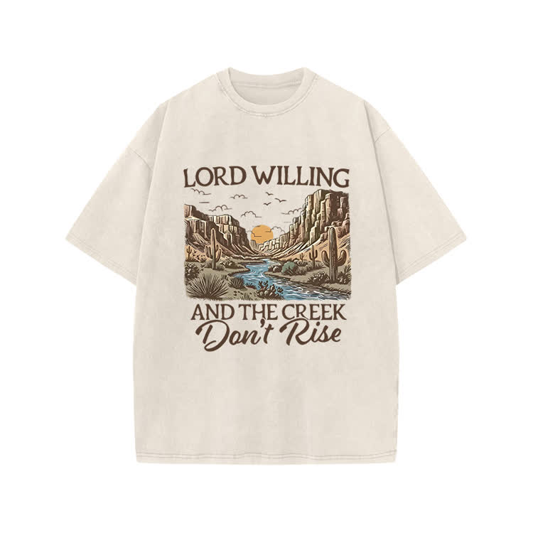 Lord Willing And The Creek Don't Rise Western Style Print Acid Washed T-shirt - Beige - US20-22(3XL) - image 2