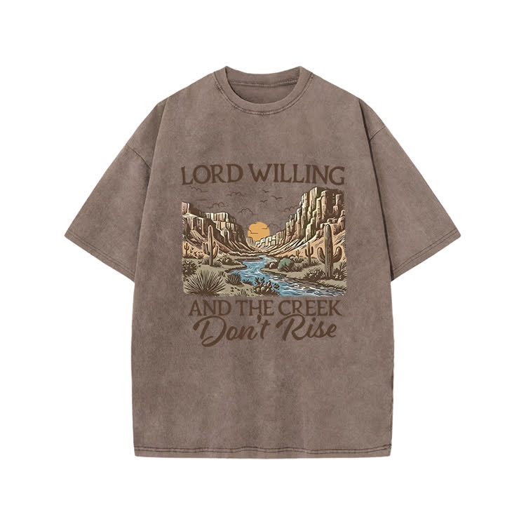 Lord Willing And The Creek Don't Rise Western Style Print Acid Washed T-shirt - Coffee - US20-22(3XL) - image 1