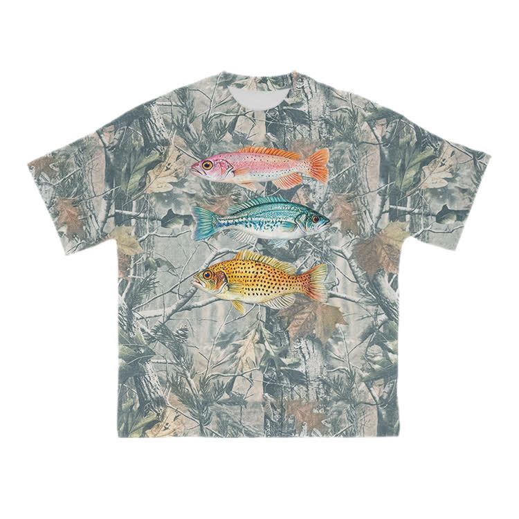 Rainbow Trout Largemouth Bass Bluegill Sunfish Camo Print T-shirt - Green - 8XL - image 1