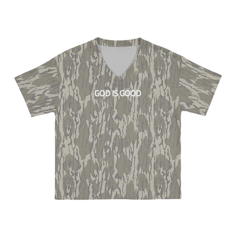 God Is Good Camo Print Short Sleeved V-neck T-shirt - Army Green - US32-34(5XL) - image 1