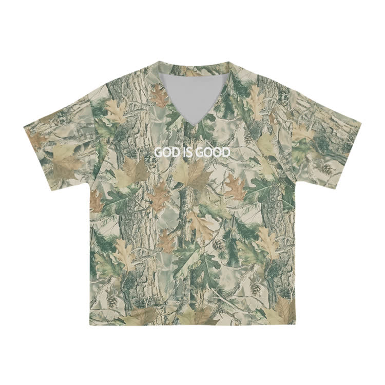 God Is Good Camo Print Short Sleeved V-neck T-shirt - Green - US32-34(5XL) - image 2