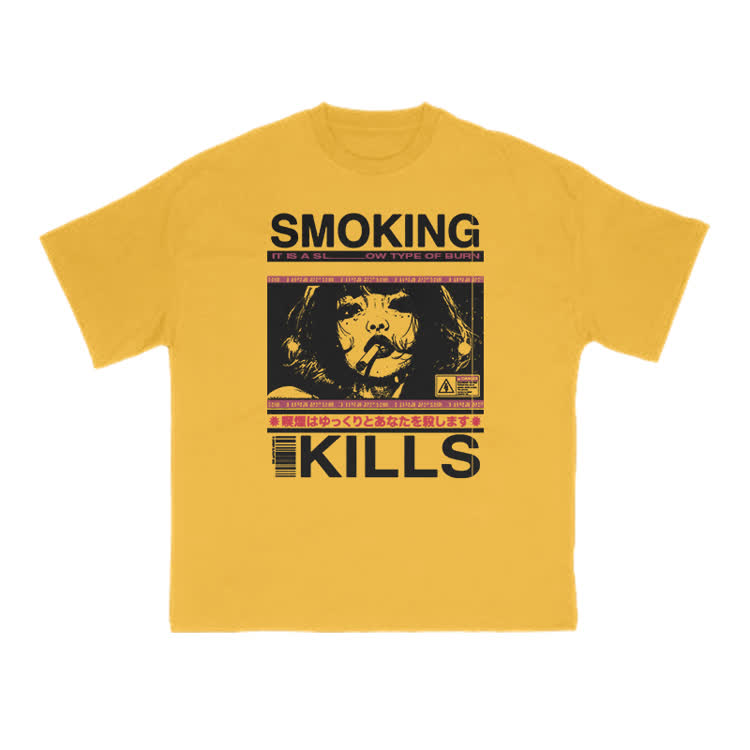 Smoking Kills Retro Manga Style Graphic Print T-shirt - Yellow - 6XL - image 1