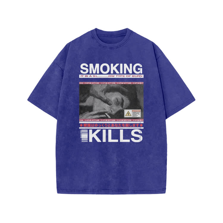 Smoking Kills Retro Manga Style Men Graphic Print Acid Washed T-Shirt - Blue - US20-22(3XL) - image 2
