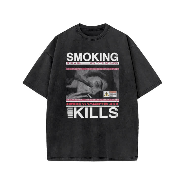 Smoking Kills Retro Manga Style Men Graphic Print Acid Washed T-Shirt - Black - US20-22(3XL) - image 1