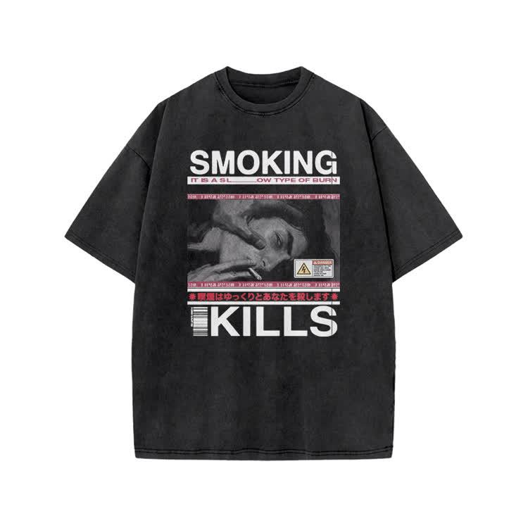 Smoking Kills Retro Manga Style Men Graphic Print Acid Washed T-Shirt - Black - US20-22(3XL) - image 1
