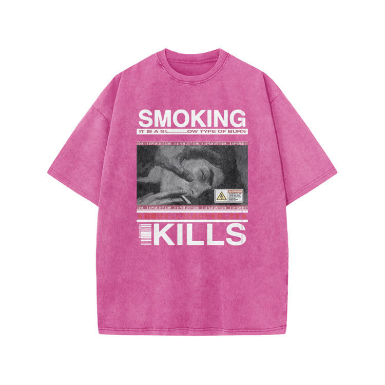 Smoking Kills Retro Manga Style Men Graphic Print Acid Washed T-Shirt - Pink - US20-22(3XL) - image 9