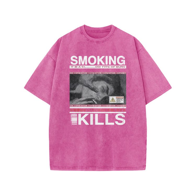 Smoking Kills Retro Manga Style Men Graphic Print Acid Washed T-Shirt - Pink - US20-22(3XL) - image 9