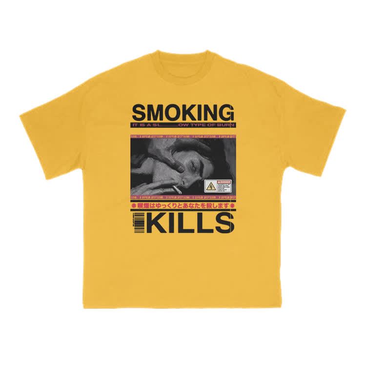 Smoking Kills Retro Manga Style Men  Graphic Print T-shirt - Yellow - 6XL - image 1