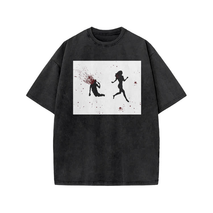 “Run Away”Girl Graphic Print Acid Washed T-shirt - Black - US20-22(3XL) - image 1