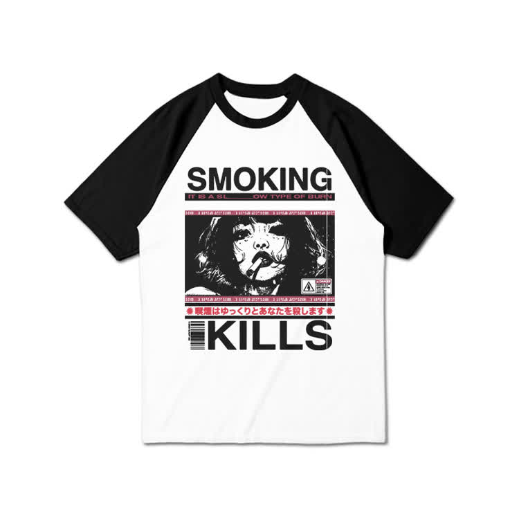 Smoking Kills Retro Manga Style Graphic Print Raglan Sleeve T-shirt - Black - 3XL - image 1