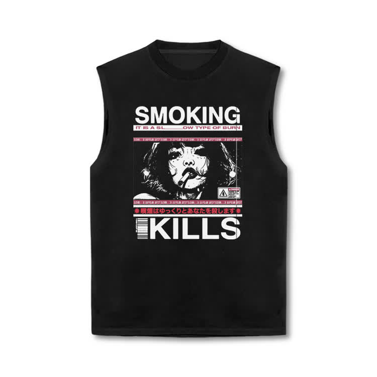 Smoking Kills Retro Manga Style Graphic Print Tank Top - Black - US16-18(2XL) - image 1