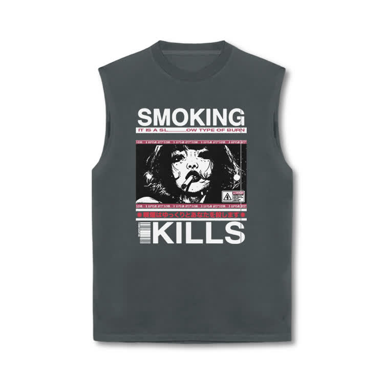 Smoking Kills Retro Manga Style Graphic Print Tank Top - Grey - US16-18(2XL) - image 3