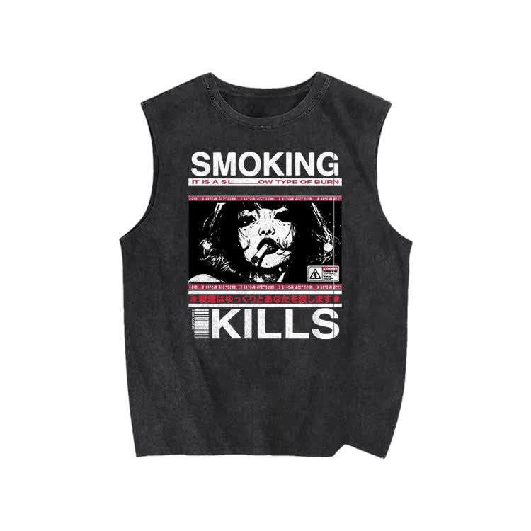 Smoking Kills Retro Manga Style Print Washed Tank Top - Black - US20-22(3XL) - image 2
