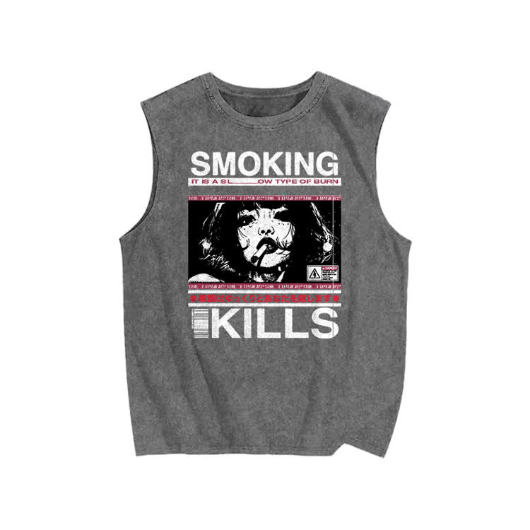 Smoking Kills Retro Manga Style Print Washed Tank Top - Grey - US20-22(3XL) - image 1