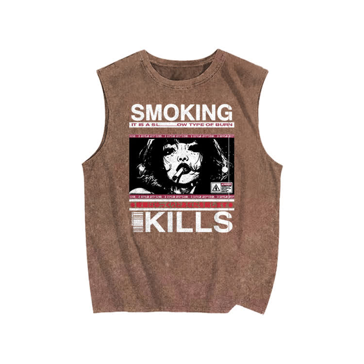 Smoking Kills Retro Manga Style Print Washed Tank Top - Brown - US20-22(3XL) - image 4