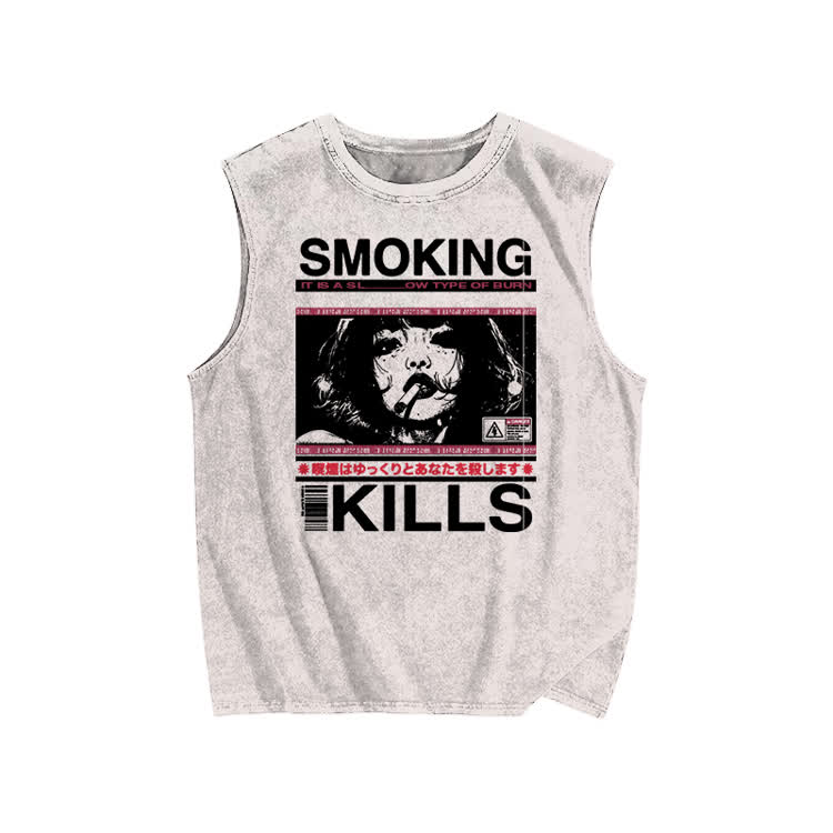 Smoking Kills Retro Manga Style Print Washed Tank Top - Beige - US20-22(3XL) - image 3