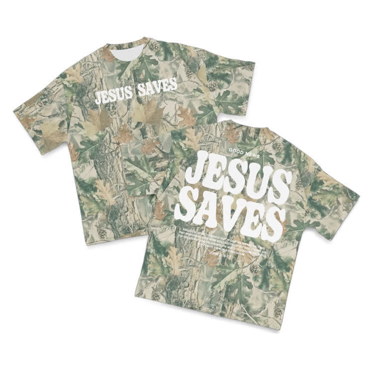 Good News Jesus Saves Camo Print T-shirt - Green - 8XL - image 2