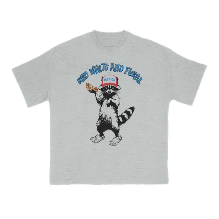 Red White And Feral Print T-shirt - Grey - US16-18(2XL) - image 1