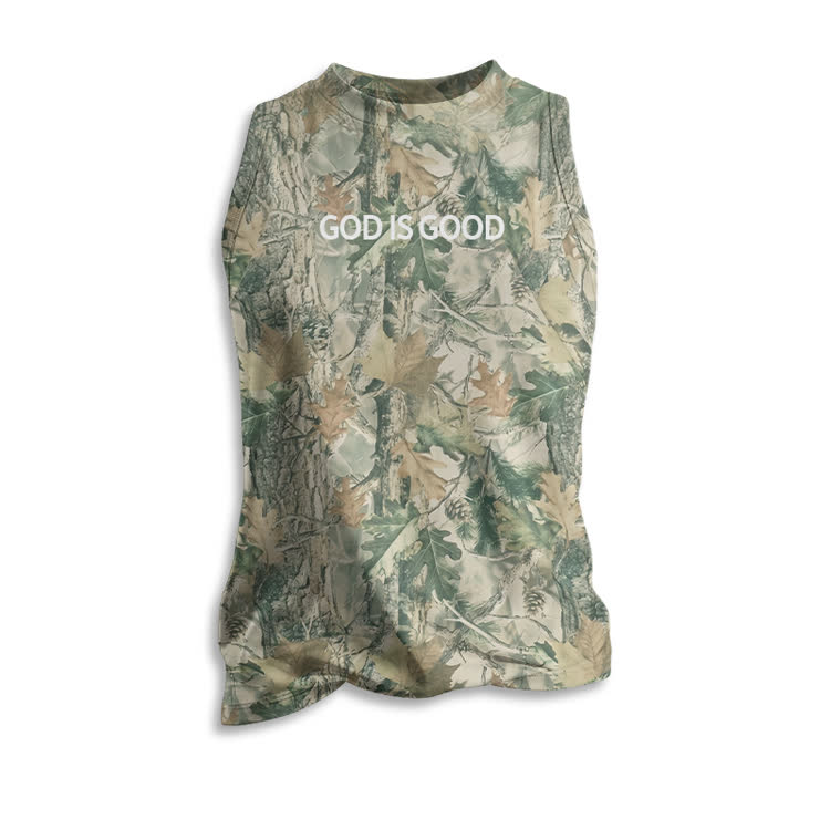 God Is Good Camo Print Crew Neck Tank Top - Green - 5XL - image 2