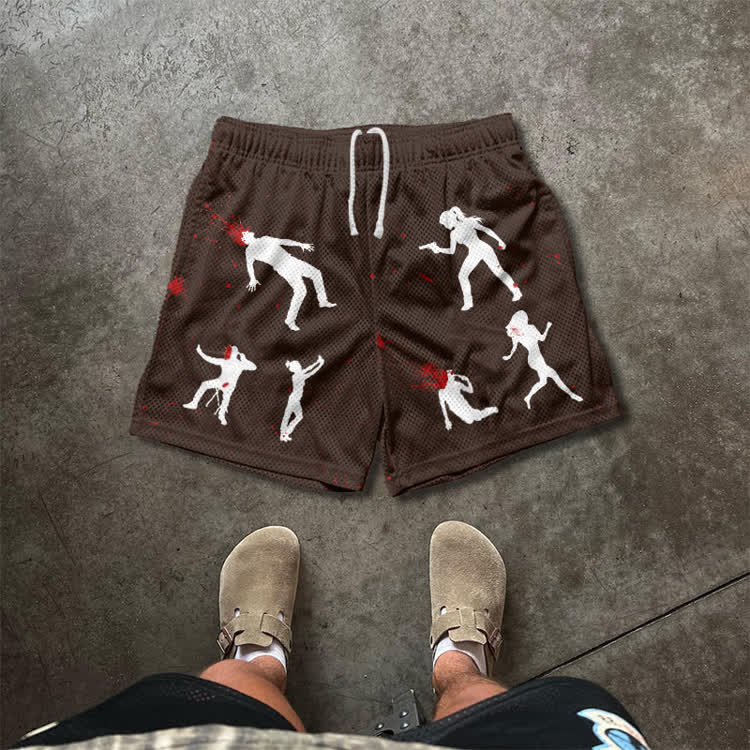 Dark Aesthetic Silhouette Graphic Print Mesh Shorts - Coffee - 5XL - image 2