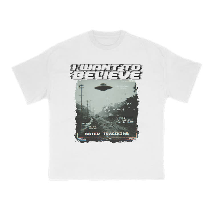 Vintage Sci Fi I Want to Believe Graphic Crew Neck T Shirt - White - US16-18(2XL) - image 1