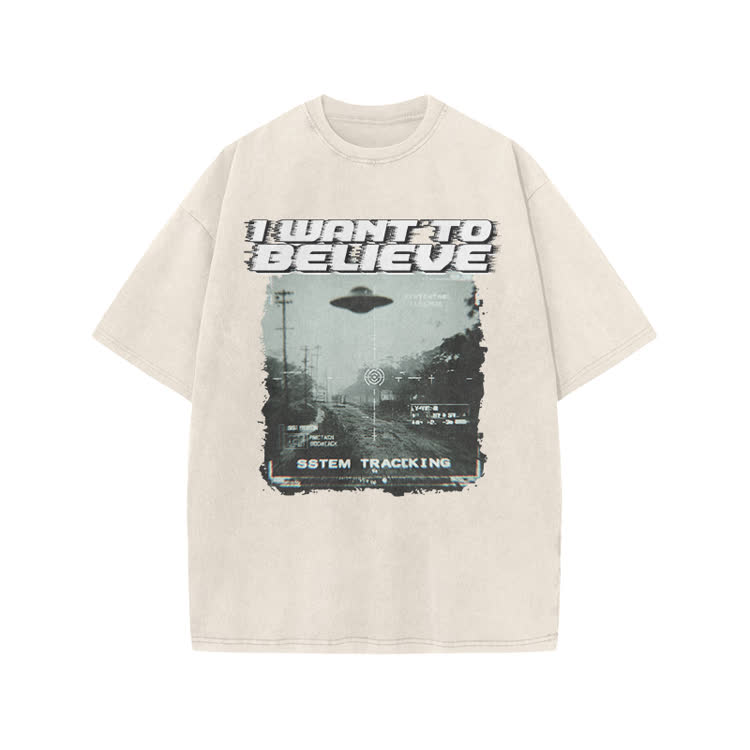 Vintage Sci Fi I Want to Believe Graphic Print Acid Washed T-Shirt - Beige - US20-22(3XL) - image 2