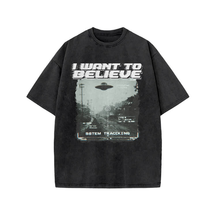 Vintage Sci Fi I Want to Believe Graphic Print Acid Washed T-Shirt - Black - US20-22(3XL) - image 1