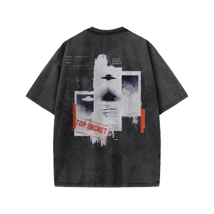 Retro Sci Fi Top Secret Back Graphic Print Acid Washed T-Shirt - Grey - US20-22(3XL) - image 2