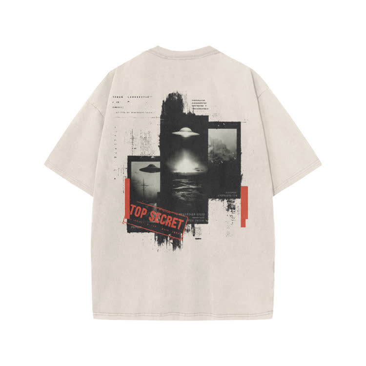 Retro Sci Fi Top Secret Back Graphic Print Acid Washed T-Shirt - Beige - US20-22(3XL) - image 1