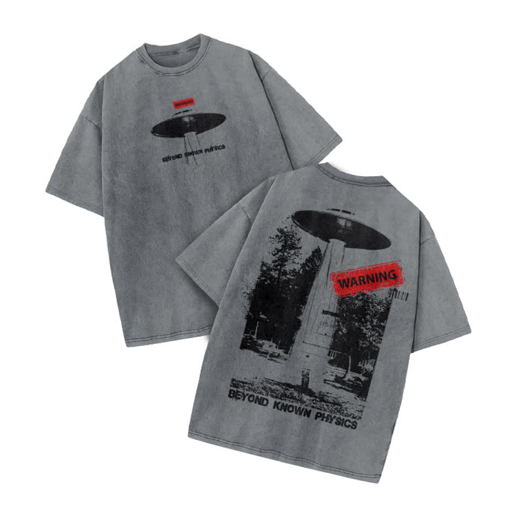 Sci Fi Street Warning Graphic Print Acid Washed T-Shirt - Grey - US20-22(3XL) - image 2
