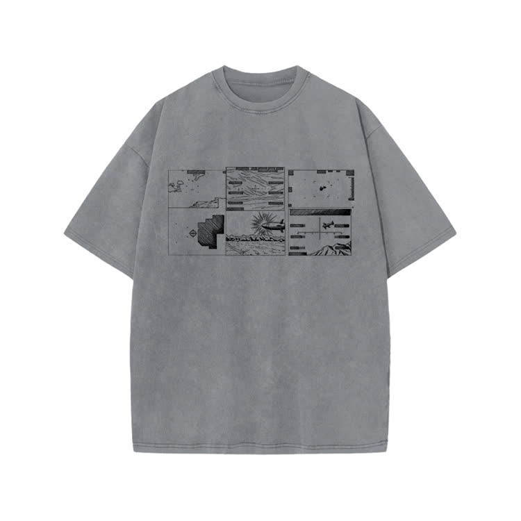 Casual Graphic Panel Graphic Print Acid Washed T-Shirt - Grey - US20-22(3XL) - image 1