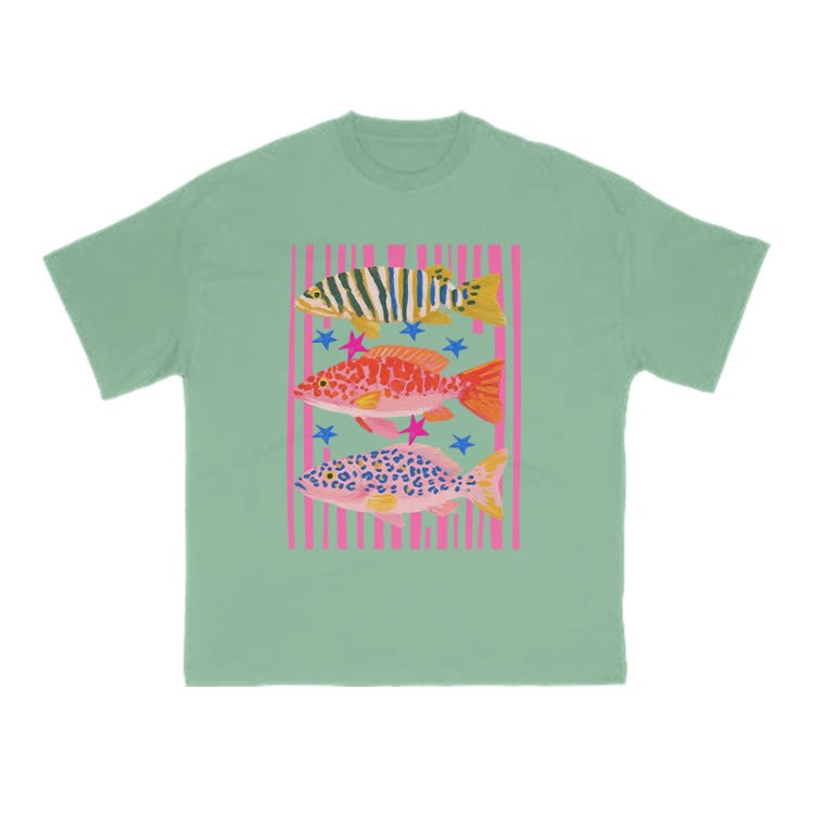 Playful Tropical Fish Graphic Crew Neck T Shirt - Light Green - US16-18(2XL) - image 5