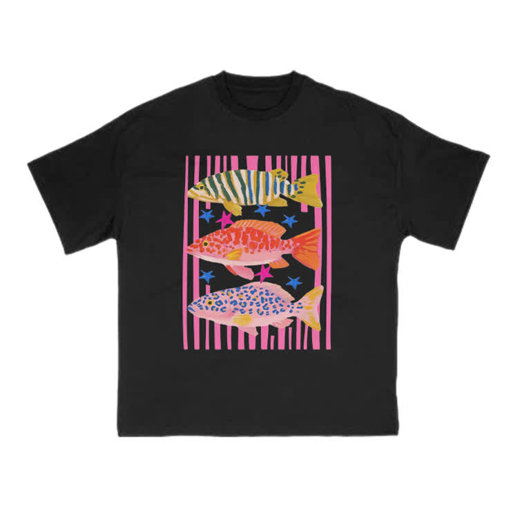 Playful Tropical Fish Graphic Crew Neck T Shirt - Black - US16-18(2XL) - image 2