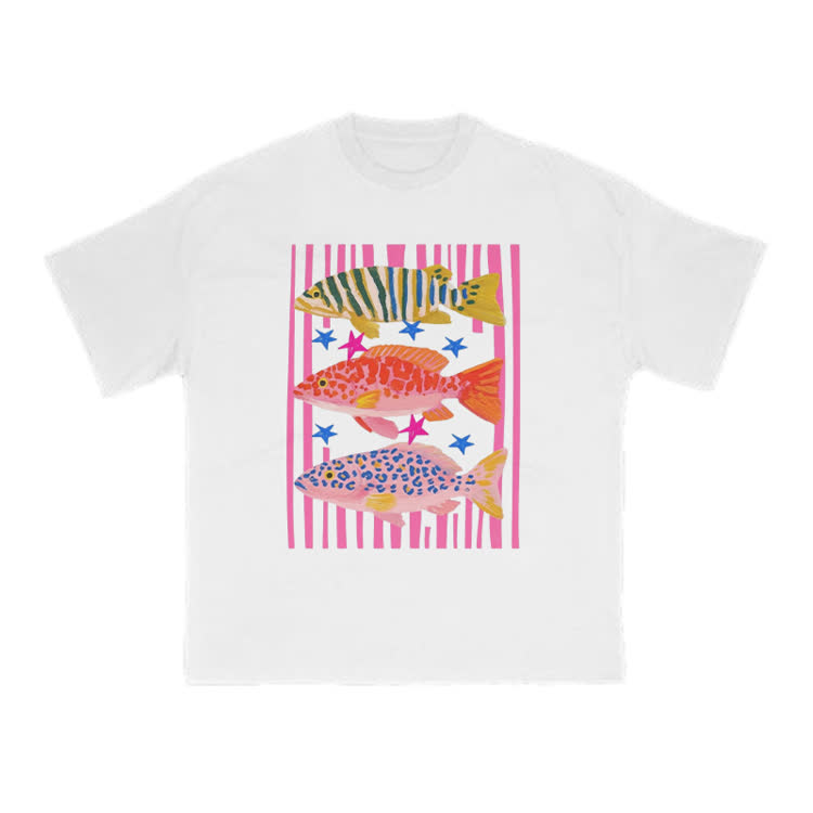 Playful Tropical Fish Graphic Crew Neck T Shirt - White - US16-18(2XL) - image 1