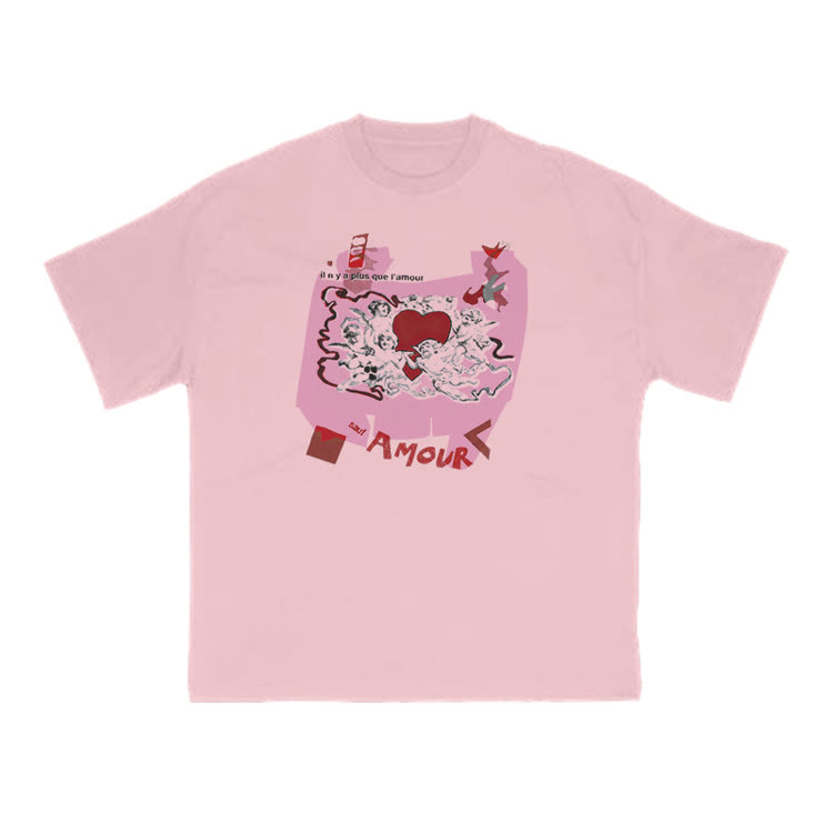 Casual Amour Graphic Crew Neck Short Sleeve T Shirt - Pink - US16-18(2XL) - image 1