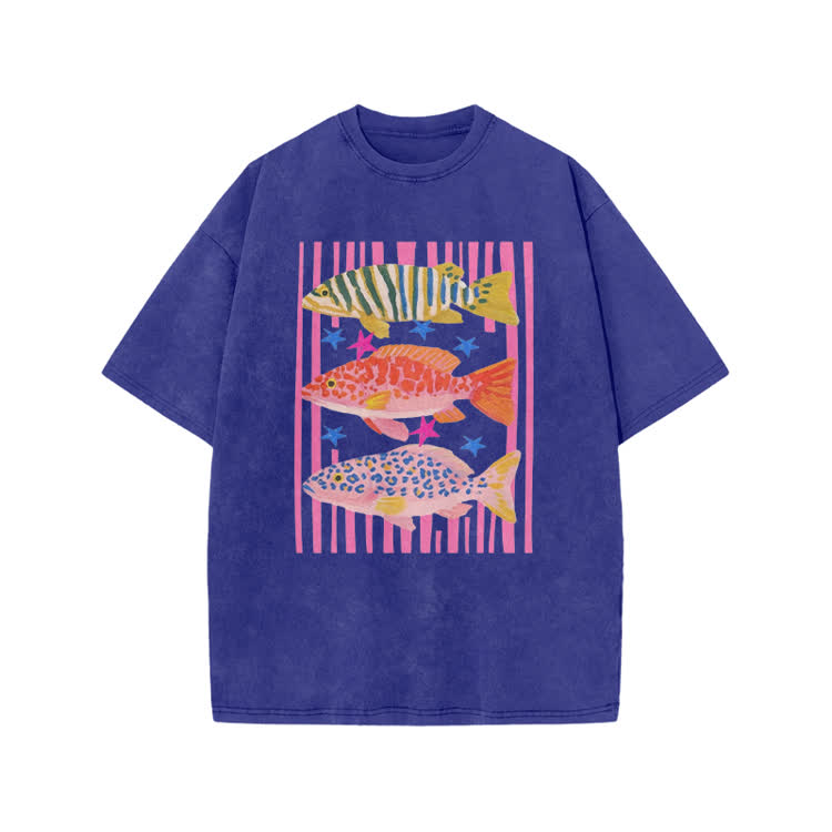 Playful Tropical Fis Graphic Print Acid Washed T-Shirt - Blue - US20-22(3XL) - image 4