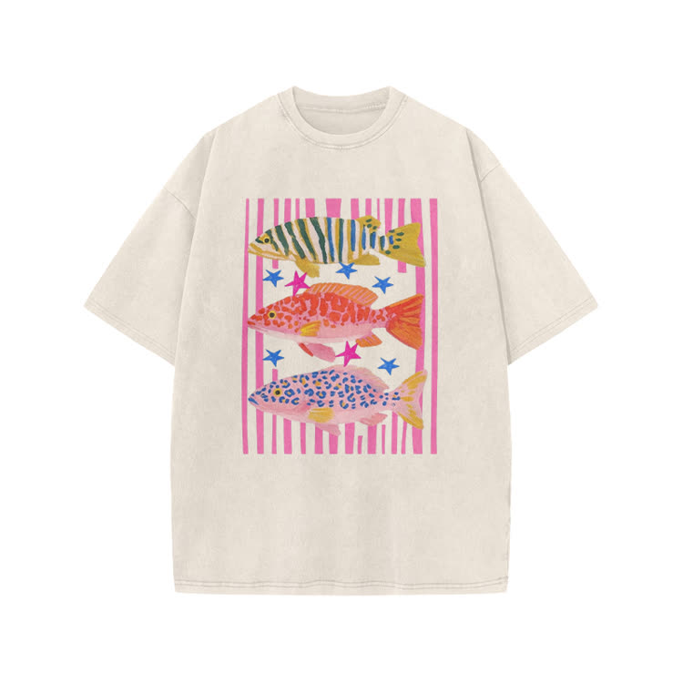 Playful Tropical Fis Graphic Print Acid Washed T-Shirt - Beige - US20-22(3XL) - image 2