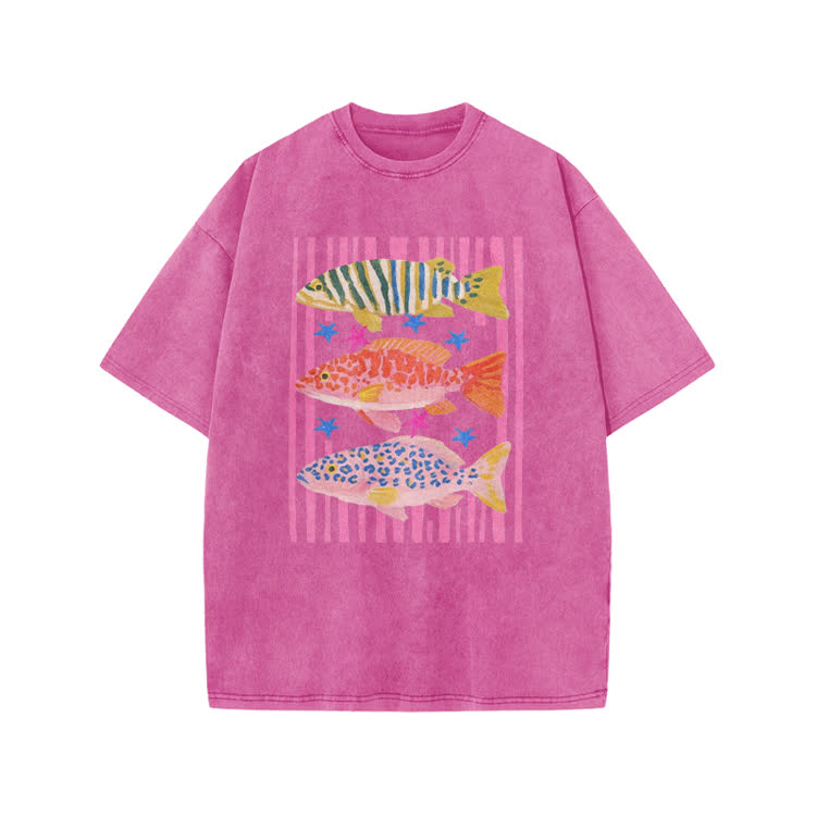 Playful Tropical Fis Graphic Print Acid Washed T-Shirt - Pink - US20-22(3XL) - image 5