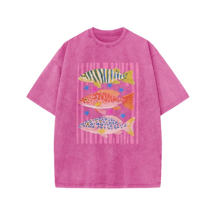 Playful Tropical Fis Graphic Print Acid Washed T-Shirt - Pink - US20-22(3XL) - image 5