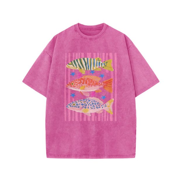 Playful Tropical Fis Graphic Print Acid Washed T-Shirt - Pink - US20-22(3XL) - image 5