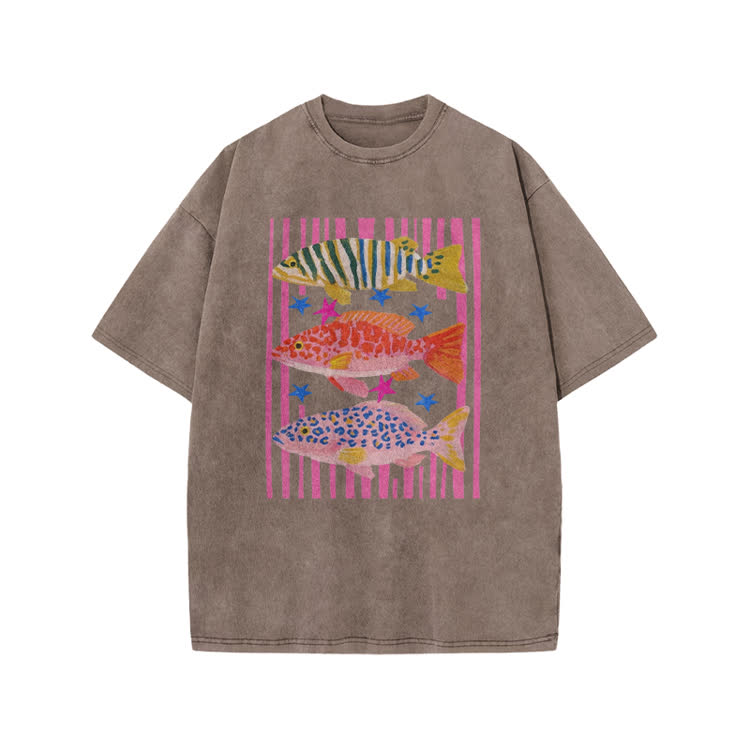 Playful Tropical Fis Graphic Print Acid Washed T-Shirt - Coffee - US20-22(3XL) - image 3