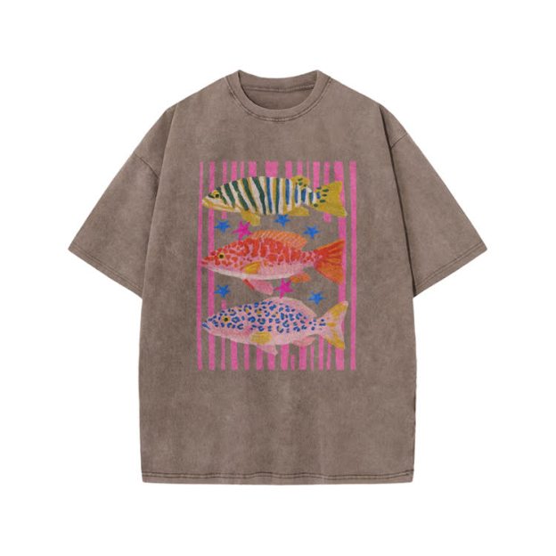 Playful Tropical Fis Graphic Print Acid Washed T-Shirt - Coffee - US20-22(3XL) - image 3