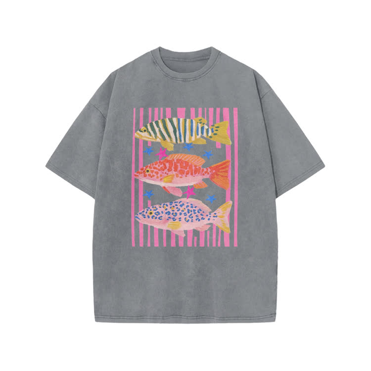 Playful Tropical Fis Graphic Print Acid Washed T-Shirt - Grey - US20-22(3XL) - image 8