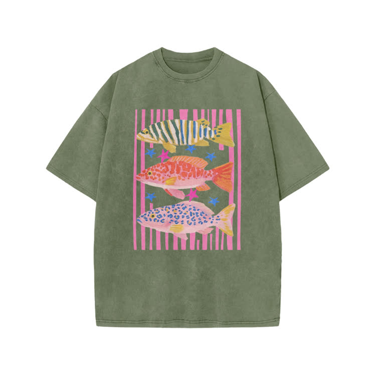 Playful Tropical Fis Graphic Print Acid Washed T-Shirt - Army Green - US20-22(3XL) - image 9