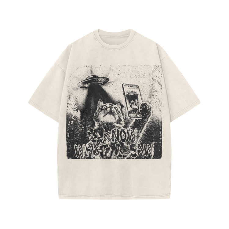 Vintage UFO Cat  I Know What I Saw Graphic Washed T-Shirt - Beige - US20-22(3XL) - image 2